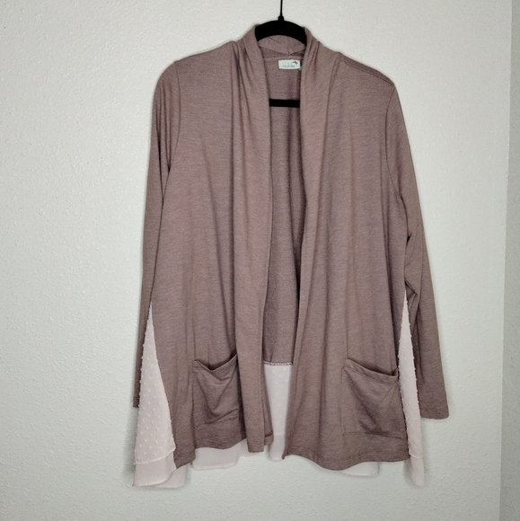 LOGO Lounge Swiss Dot Sheer Trim Tan Open Front Cardigan Women's Size Large - Picture 1 of 5